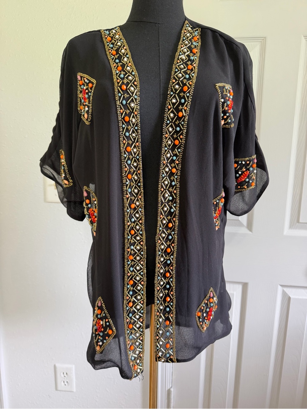 InLuv Beaded Boho Kimono Fairy Festival Embellished Black Duster Cardigan